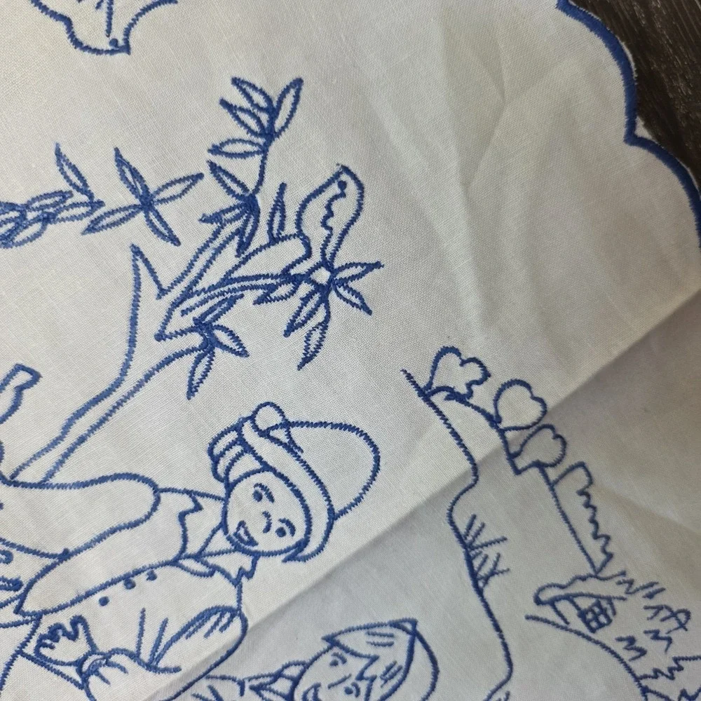 Embroidered Linen Table Runner Dutch Themed Bluework Scalloped Set of 2 Vintage